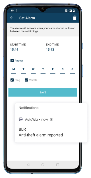 AutoWiz app Anti-theft alarm setup screen and notification