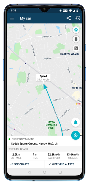 AutoWiz app Live tracking screen shows vehicle speed details and travel path on map